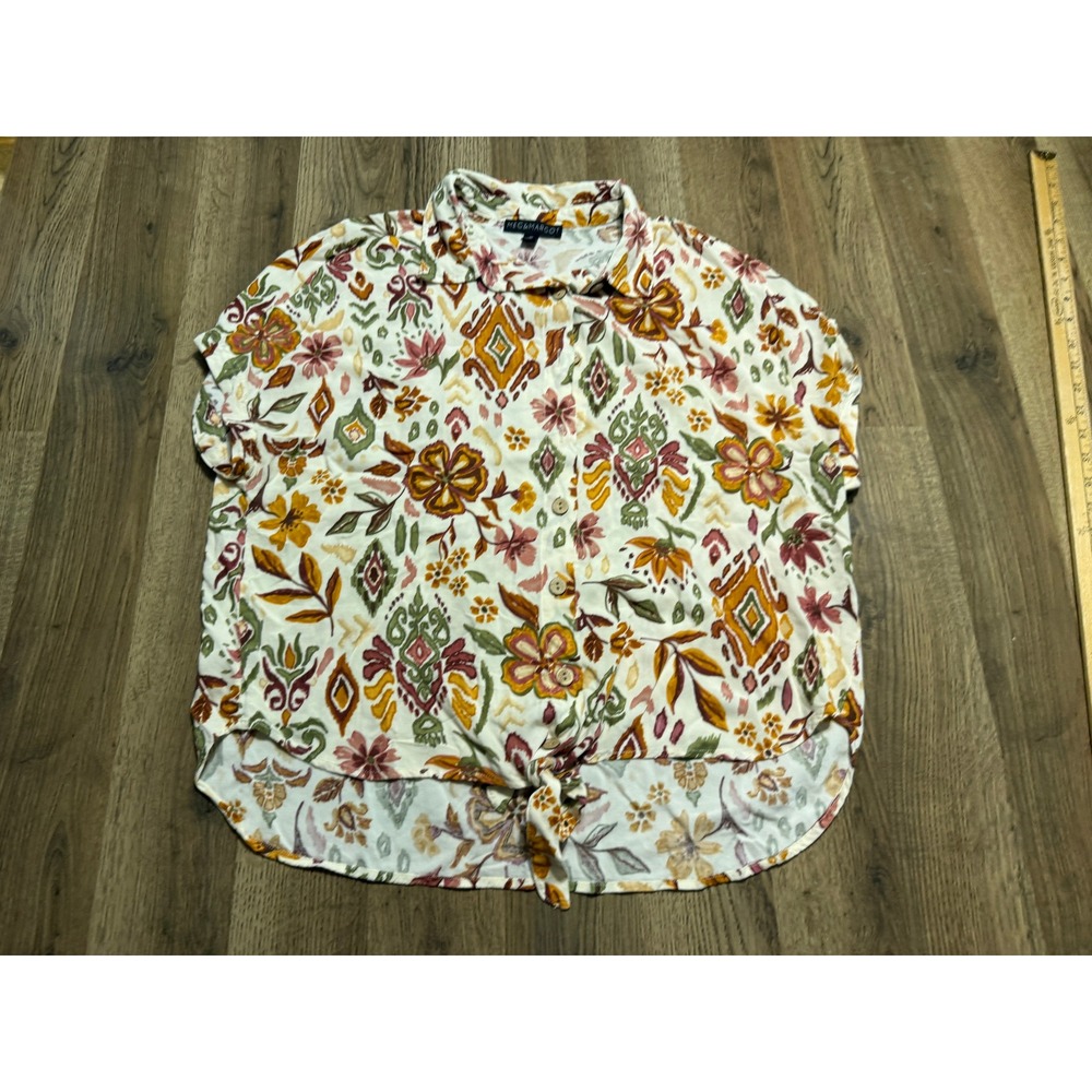 Meg & Margot Shirt Womens 1X Multicolor Button Up Tie Front Floral Ikat Rayon